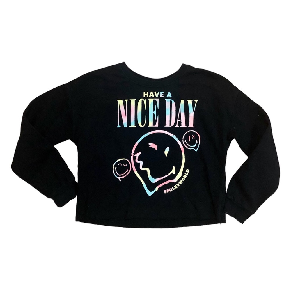 Smiley World black have a nice day girls sweatshirt, Large (10/12)